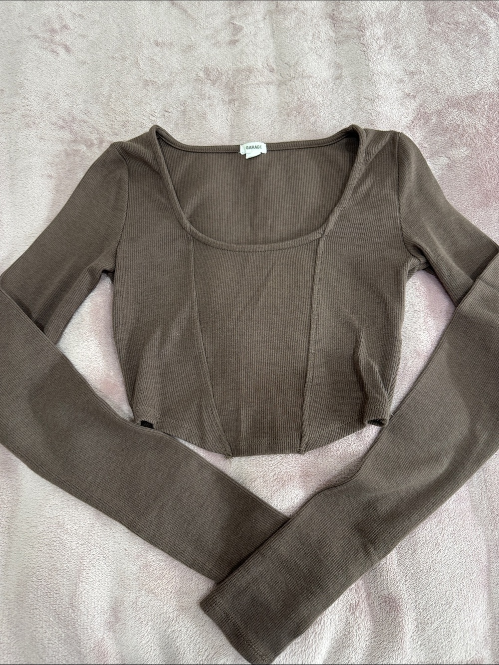 Garage Brown Ribbed Cropped Scoop Neck Long Sleeve Top